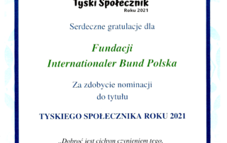 Tyski Społecznik Roku 2021 - nominacja dla IB Polska w kategorii Organizacja