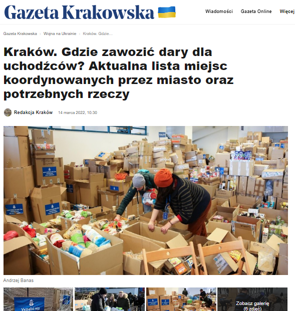 Gazeta Krakowska o punktach zbiórek darów w Krakowie