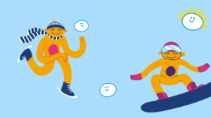 Grafika pokazująca jazdę na snowboardzie i inne zimowe aktywności