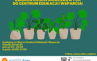 Grafika z roślinami doniczkowymi oraz tekstem: "Zbiórka roślin doniczkowych do Centrum Edukacji i Wsparcia