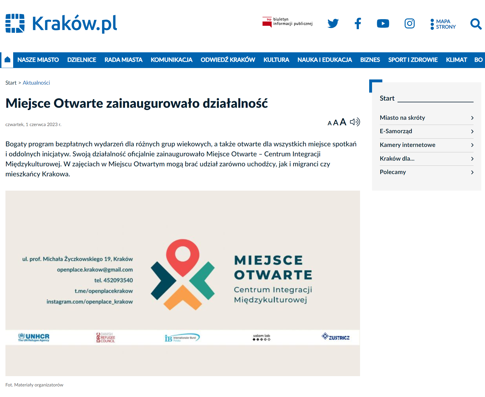 Portal Kraków.pl o inauguracji Miejsca Otwartego